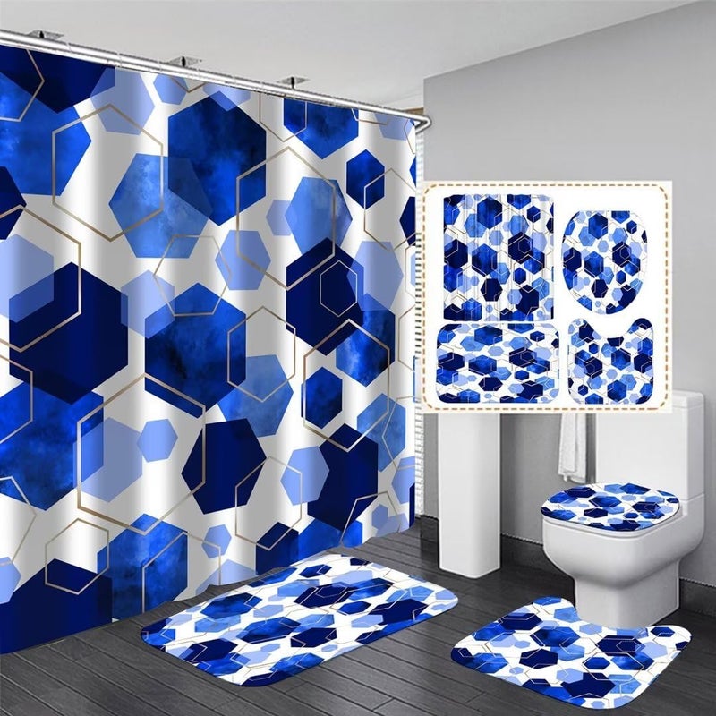 LQCOOL Blue Bathroom Curtain Set, 4Pcs Modern Art Geometric Shower Curtain with 12 Hooks, Waterproof, Blackout, 70.8' L x 70.8' W - Image 2